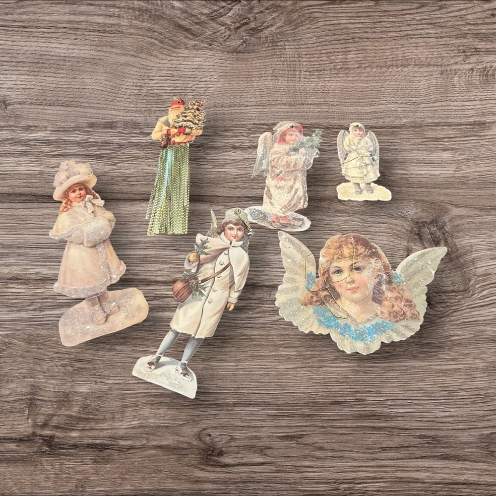 Vintage Victorian Paper Christmas Ornaments Old Print Factory Lot of 6